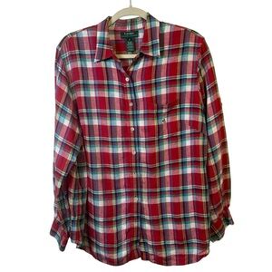 Lauren Ralph Lauren 100% Linen Red Plaid Long Sleeve Button zip Shirt Size 1X